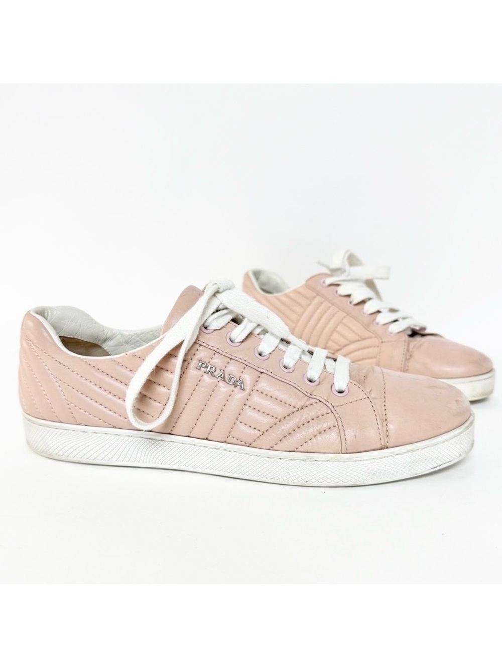 Prada Pink Leather Sneakers Quilted White Lace Up Silver Logo EU 39.5